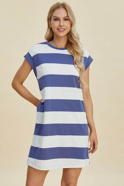 Basic Bae Full Size Striped Round Neck Cap Sleeve Mini Dress - Hovatok