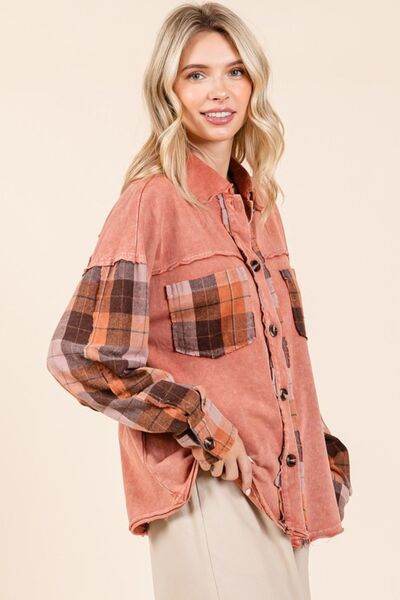 Mittoshop Button Down Contrast Plaid Patchwork Shacket - Hovatok