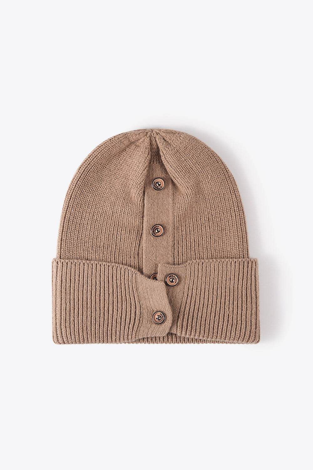 Button Detail Rib-Knit Cuff Beanie - Hovatok