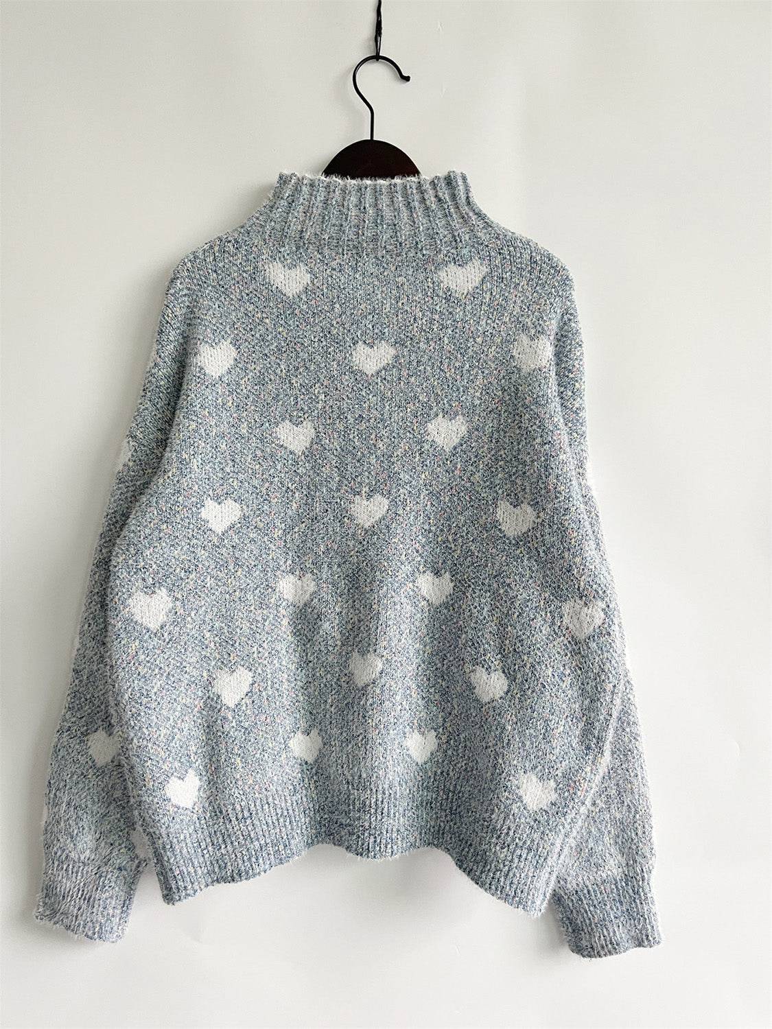 Heart Heathered Turtleneck Drop Shoulder Sweater - Hovatok