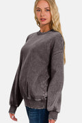 Zenana Full Size Acid Wash Fleece Long Sleeve Sweatshirt - Hovatok