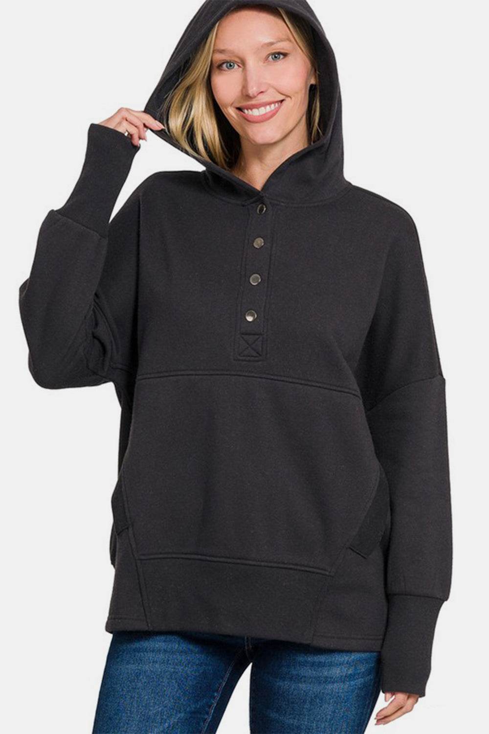 Zenana Half Snap Long Sleeve Hoodie with Kangaroo Pocket - Hovatok