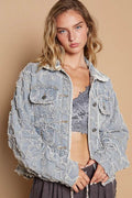 POL Star Textured Raw Hem Long Sleeve Denim Jacket - Hovatok