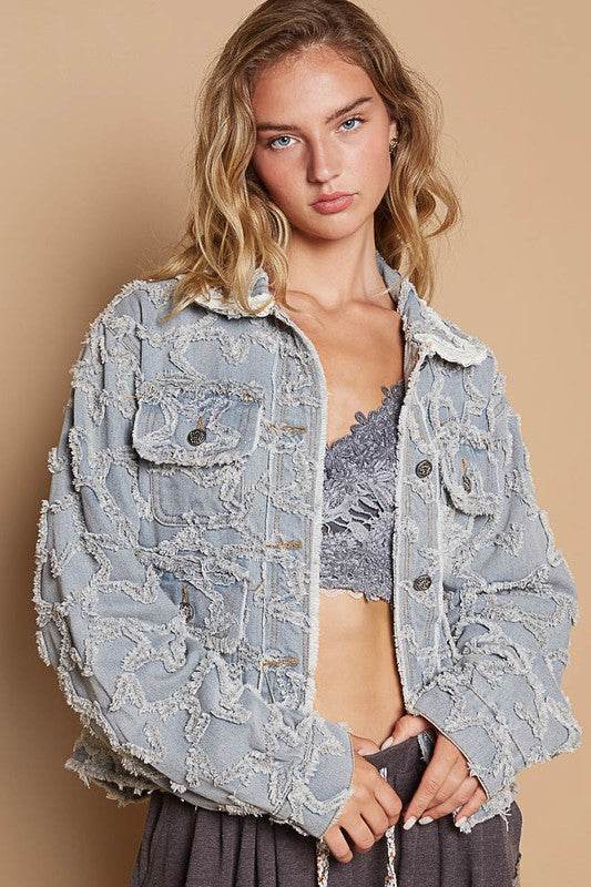 POL Star Textured Raw Hem Long Sleeve Denim Jacket - Hovatok