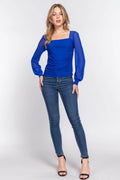 ACTIVE BASIC Square Neck Mesh Long Sleeve Shirring Top - Hovatok