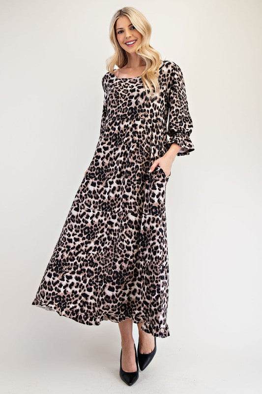 Celeste Full Size Leopard Round Neck Flounce Sleeve Dress - Hovatok