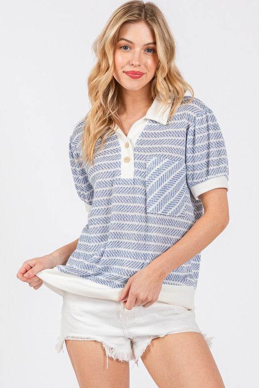 Ces Femme Knit Striped Contrast Short Sleeve Top - Hovatok