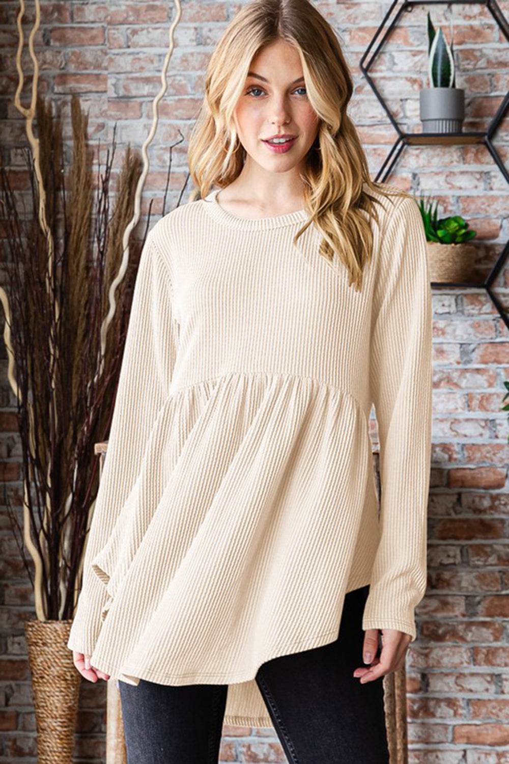 Heimish Full Size Round Neck Long Sleeve Ribbed Babydoll Top - Hovatok