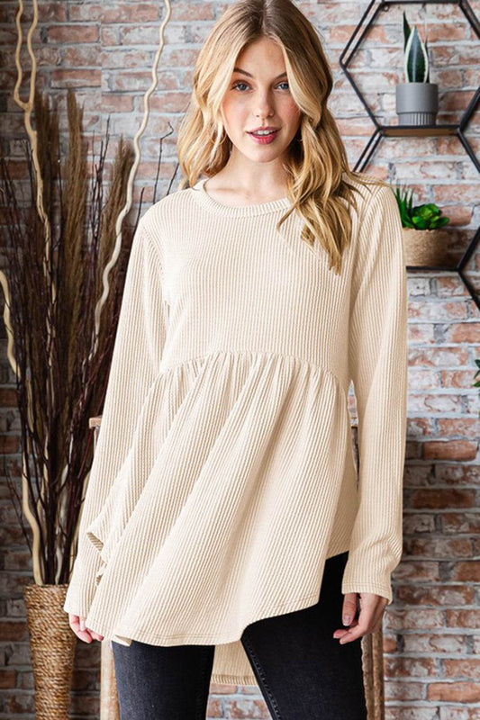 Heimish Full Size Round Neck Long Sleeve Ribbed Babydoll Top - Hovatok