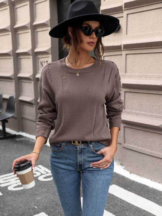 Perfee Cutout Round Neck Long Sleeve Sweater - Hovatok