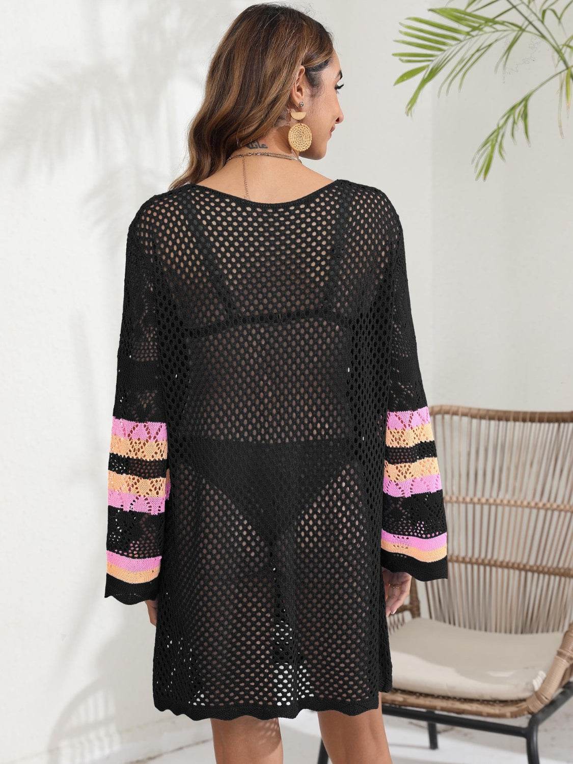 Openwork Contrast Long Sleeve Cover-Up - Hovatok