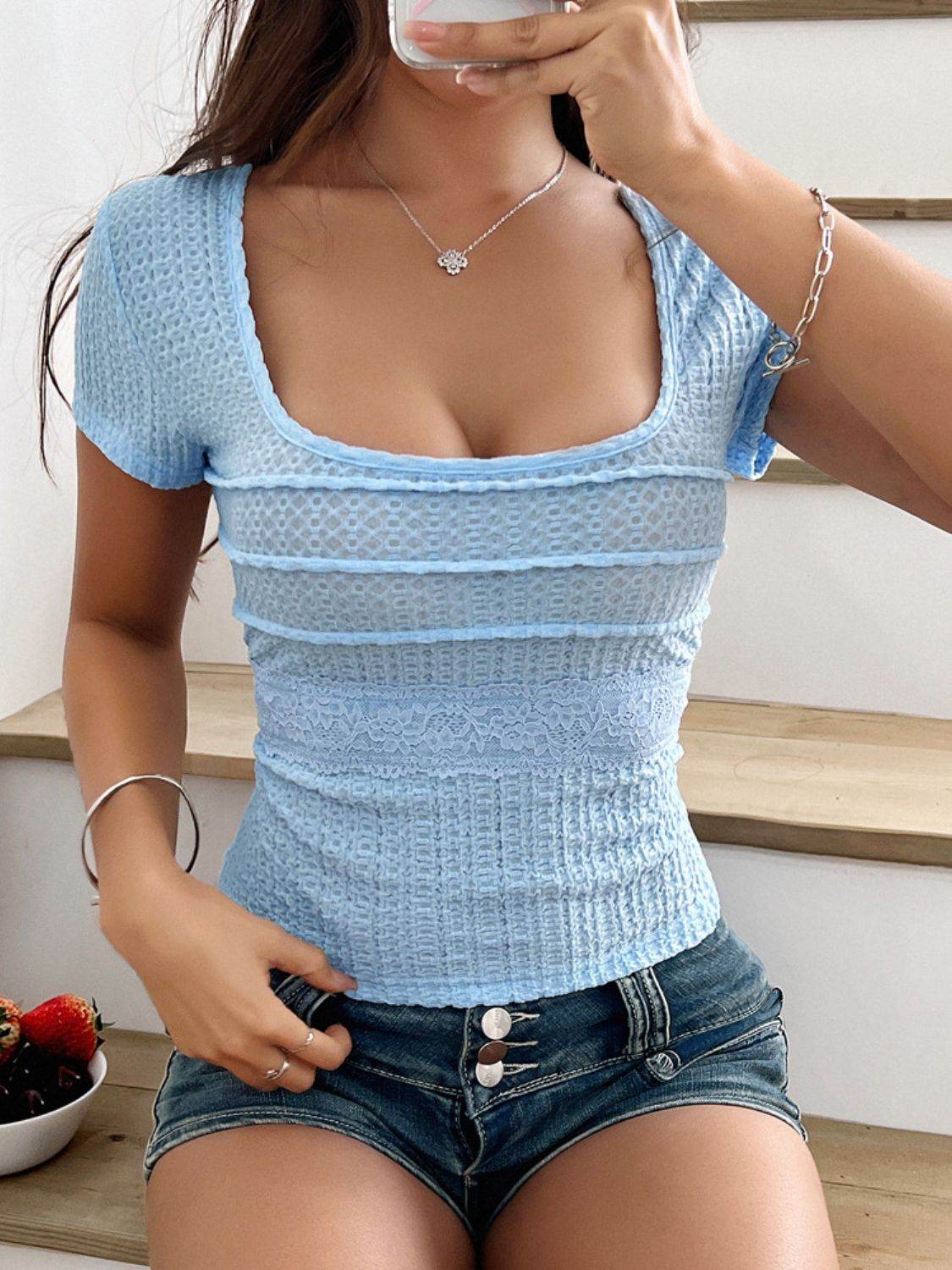 Devine Lace Detail Square Neck Short Sleeve T-Shirt - Hovatok