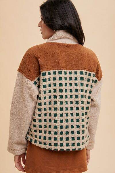 Annie Wear Plaid Zip Up Drop Shoulder Sherpa Jacket - Hovatok