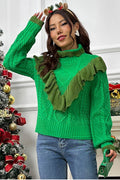 Cable-Knit Ruffled Mock Neck Lantern Sleeve Sweater - Hovatok