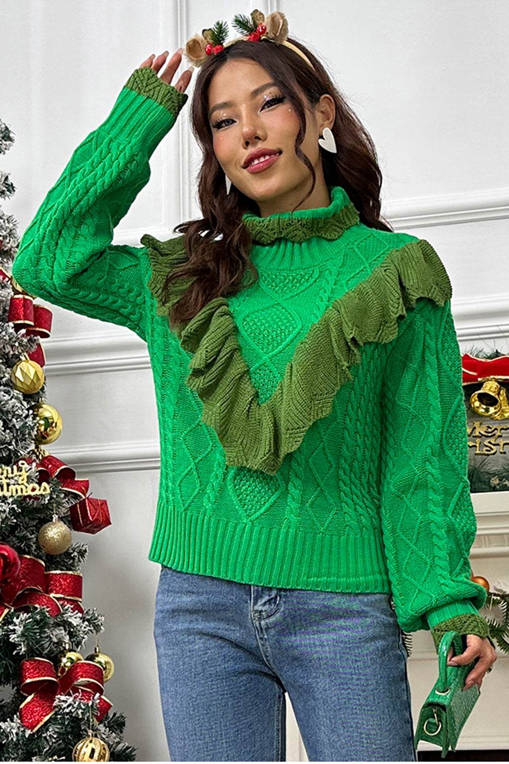 Cable-Knit Ruffled Mock Neck Lantern Sleeve Sweater - Hovatok