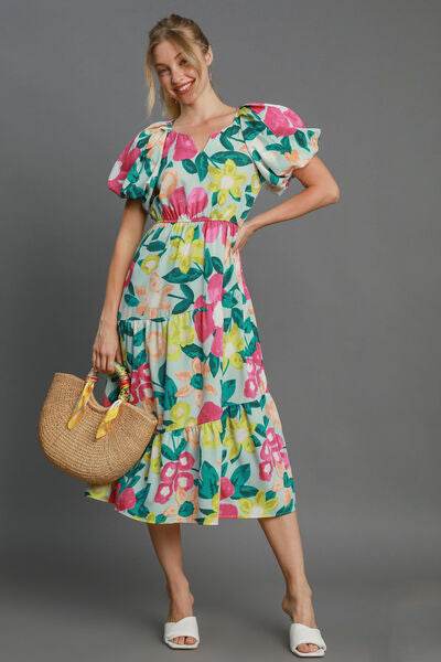Umgee Full Size Tiered Floral Print Notched Puff Sleeve Midi Dress Plus Size - Hovatok