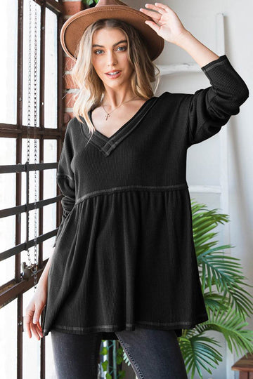 Heimish Full Size V-Neck Long Sleeve Ribbed Babydoll Top - Hovatok