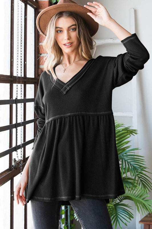Heimish Full Size V-Neck Long Sleeve Ribbed Babydoll Top - Hovatok