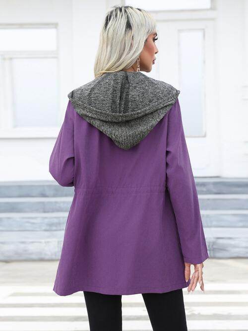 Zip Up Drawstring Hooded Trench Coat - Hovatok