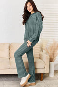 Basic Bae Full Size Ribbed Drawstring Hooded Top and Straight Pants Set - Hovatok