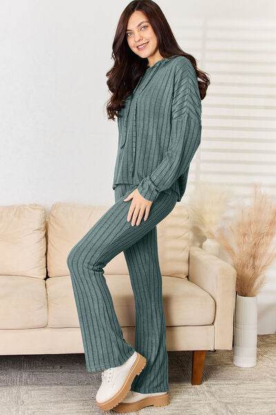 Basic Bae Full Size Ribbed Drawstring Hooded Top and Straight Pants Set - Hovatok