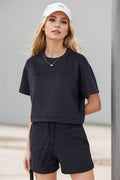 Basic Bae Drawstring Hem Air Scuba Round Neck Short Sleeve T-Shirt - Hovatok