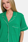 Zenana Button Down Short Sleeve Top and Shorts Lounge Set - Hovatok