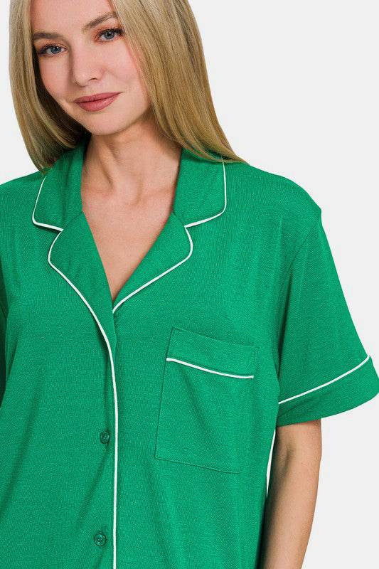 Zenana Button Down Short Sleeve Top and Shorts Lounge Set - Hovatok
