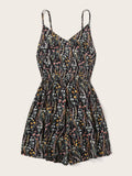 Printed V-Neck Spaghetti Strap Romper - Hovatok