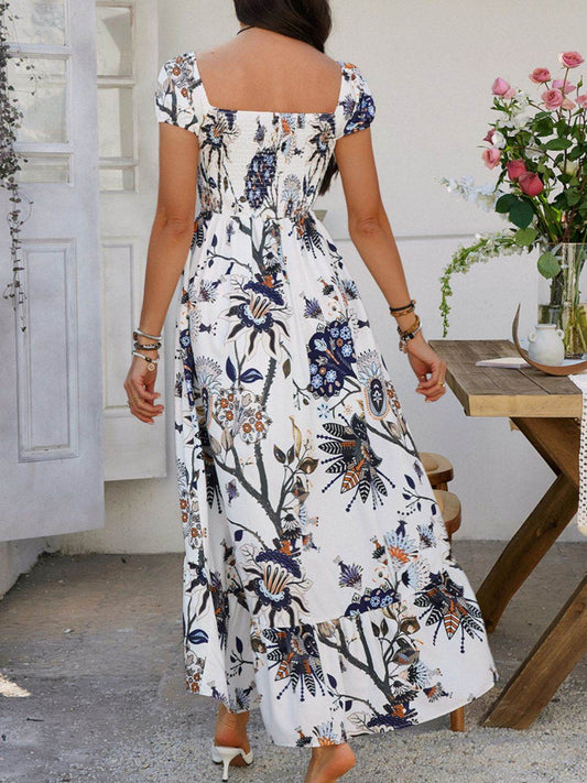 Devine Smocked Printed Short Sleeve Maxi Dress - Hovatok