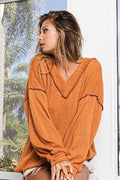 BiBi Textured Exposed Seam Drop Shoulder Knit Top - Hovatok