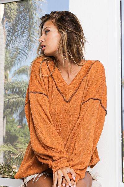 BiBi Textured Exposed Seam Drop Shoulder Knit Top - Hovatok