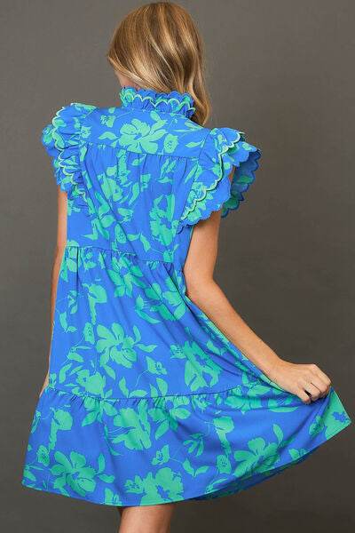 Umgee Full Size Two Tone Floral Print Ruffle Cap Sleeve Mini Dress Plus Size - Hovatok