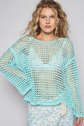 POL Side Slit Openwork Long Sleeve Knit Cover Up - Hovatok