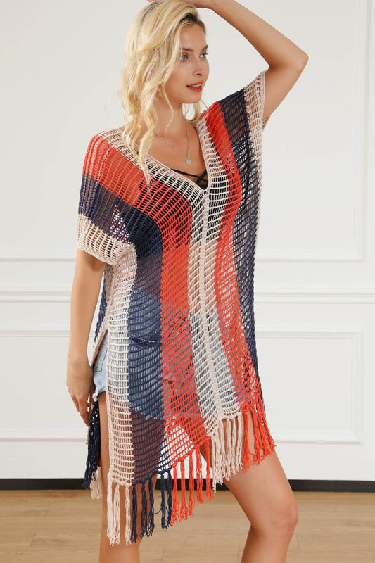 Tassel Color Block V-Neck Cover Up - Hovatok
