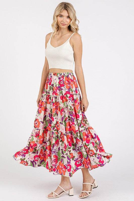 Mittoshop Flower Print Elastic Waist Tiered Skirt - Hovatok