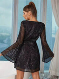 Sequin Surplice Long Sleeve Dress - Hovatok