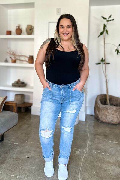 Judy Blue Full Size Distressed Straight Jeans with Patch Pockets - Hovatok