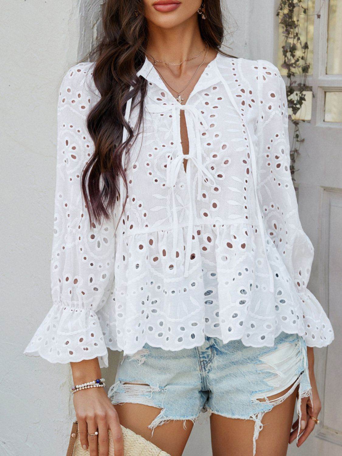 Devine Tie Front Flounce Sleeve Peplum Blouse - Hovatok