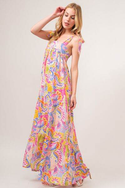 And The Why Full Size Printed Tie Shoulder Tiered Maxi Dress - Hovatok