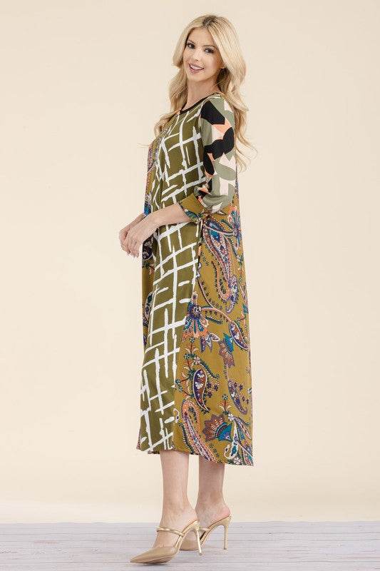Celeste Full Size Paisley Contrast Tent Midi Dress Plus Size - Hovatok