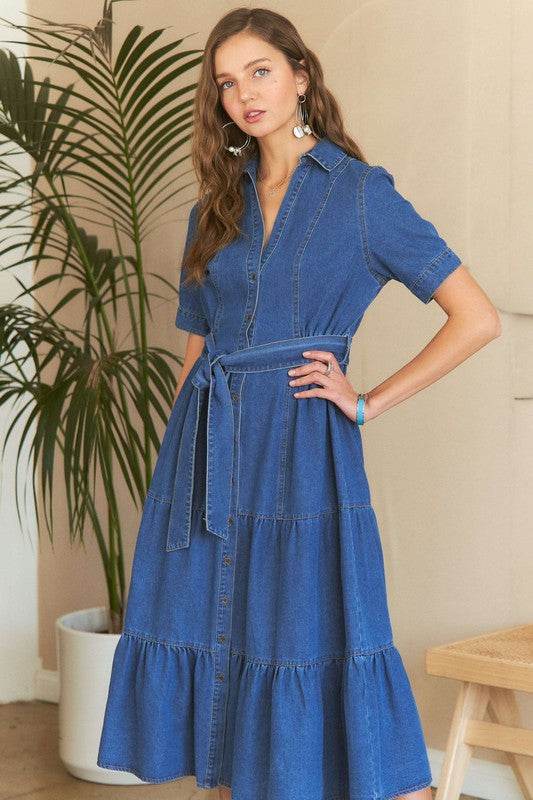 ADORA Tiered Button Down Tie Waist Short Sleeve Denim Dress - Hovatok