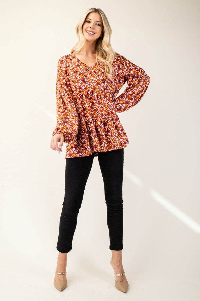 Celeste Full Size Floral V-Neck Balloon Sleeve Blouse - Hovatok