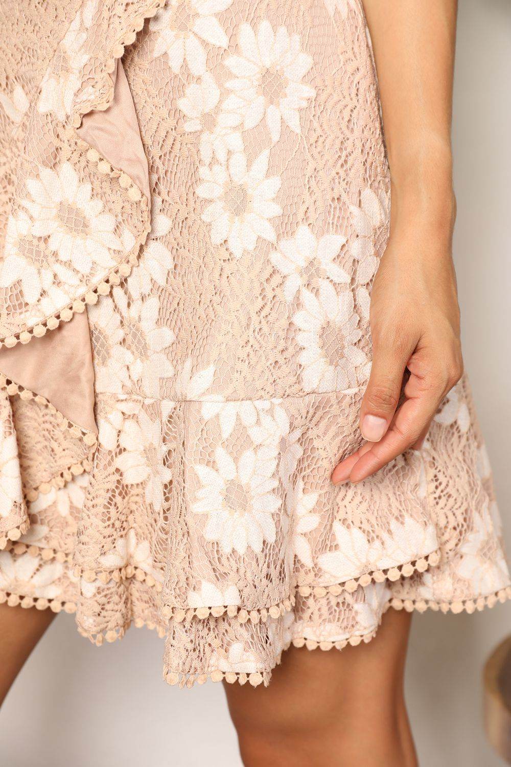 Double Take Floral Lace Pompom Detail Tie-Waist Flutter Sleeve Dress - Hovatok