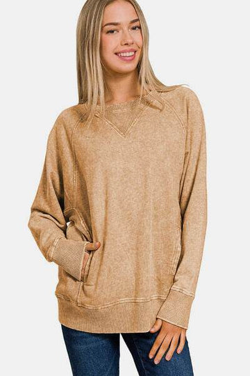 Zenana Pocketed Round Neck Sweatshirt - Hovatok