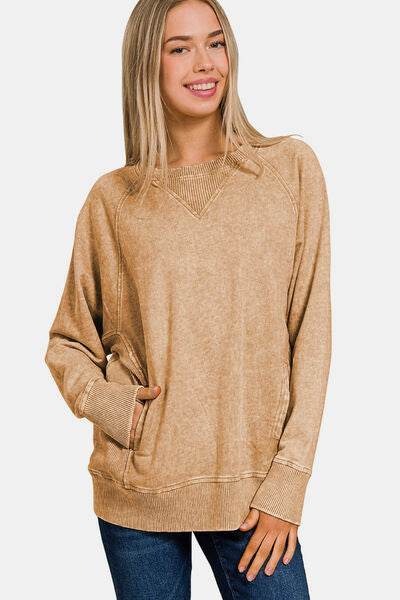 Zenana Pocketed Round Neck Sweatshirt - Hovatok
