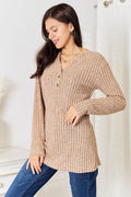 Double Take Notched Neck Ribbed Long Sleeve T-Shirt - Hovatok