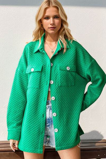Double Take Full Size Textured Button Up Drop Shoulder Shacket - Hovatok