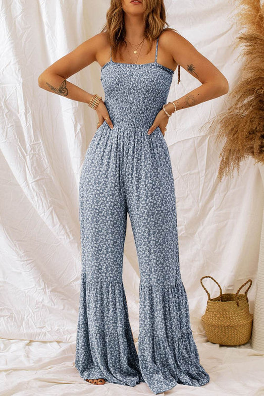 Smocked Printed Wide Strap Jumpsuit - Hovatok