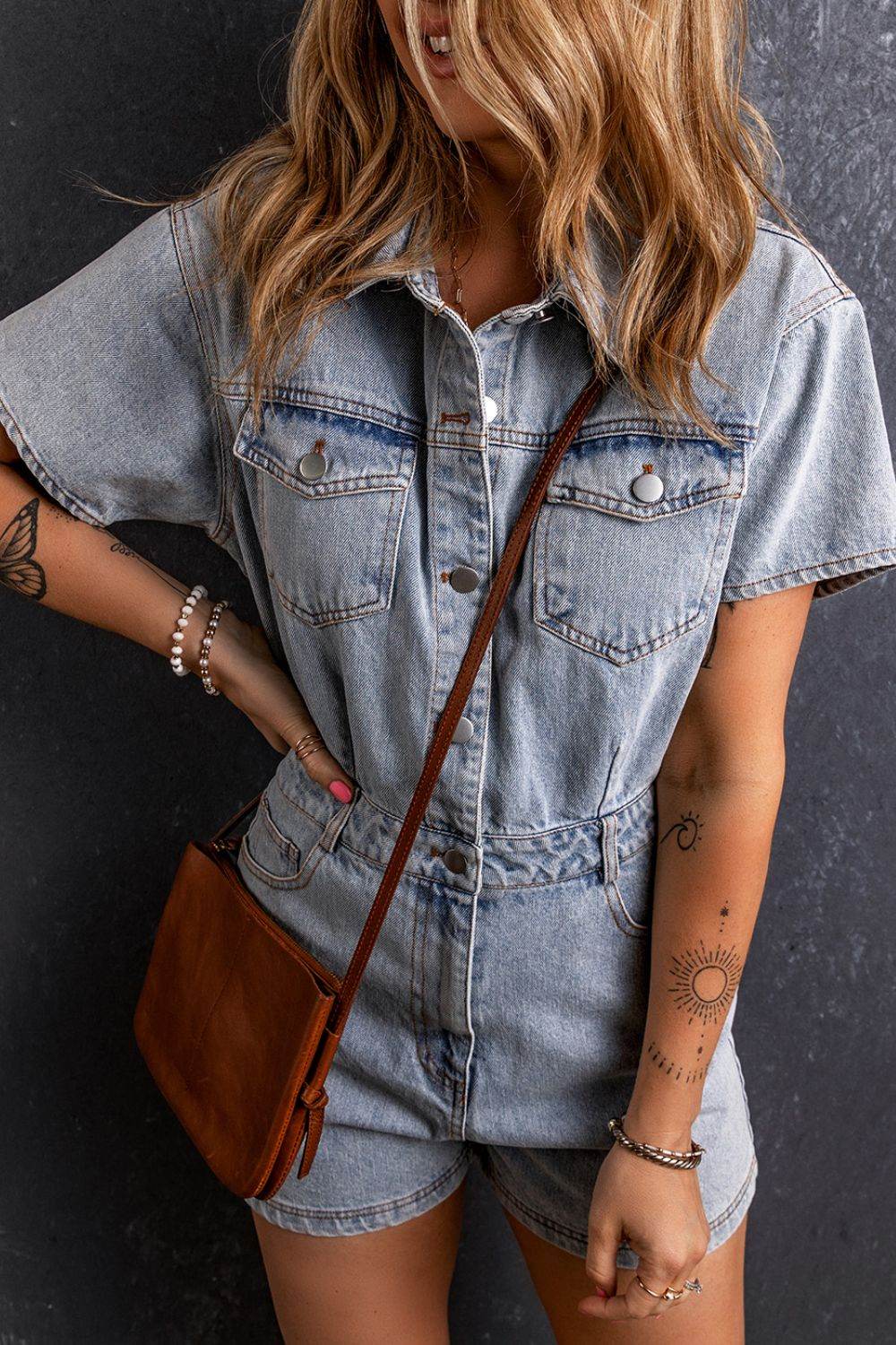 Washed Button Down Pocketed Denim Romper - Hovatok